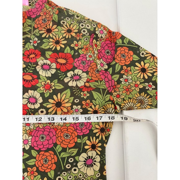 Boho Fairycore Dress 1X Mini 70s Retro Sheer Floral Mesh Bell Sleeve Lettuce Hem - Picture 5 of 13